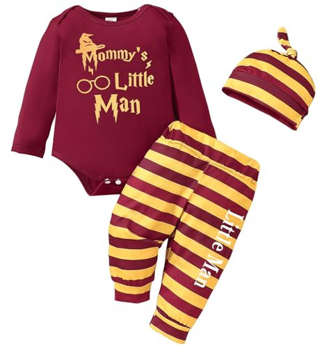 Asmea Harry Baby Kleidung - Mommy's Little Man Neugeborene Jungen Mädchen Langarm Body + Hose + Hut - Neutral Rot