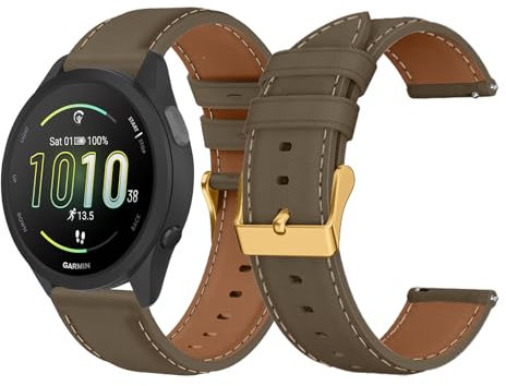 LanQii 20mm Leder Armband für Garmin Approach S50/S44/Vivoactive 6/Vivoactive 5/3 Uhrenarmband, Weiches Leder Ersatzarmband für Garmin Forerunner 570/Forerunner 165/245 Venu Sq 2/Venu 2 Plus, Khaki