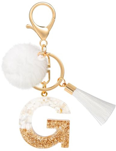 MWOOT Porte Clé Lettre G Peluche Tassel, Initial Résine Personnalisé Keychain Or Blanc, Porte Clef Lettre Pendentif Décoratif, Kawaii Porte Clef Voiture Charm, Idee Cadeau D'Anniversaire pour Femme
