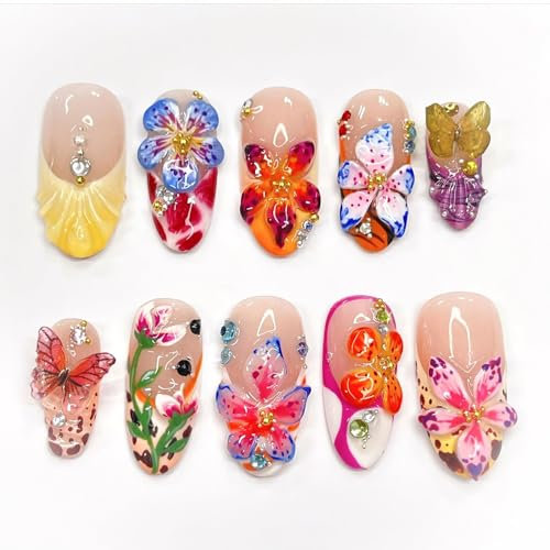 Noerrors False Nails French 3D Tropical Flower Press on Nails Medium Almond Colorful Floral Butterfly Spring Summer Glue Stick on Nails with Rhinestones Removable Fake Nails Art Accessories