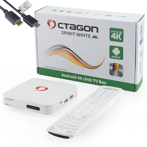 Octagon Spirit White 4K UHD Android TV 11 IP Media Streaming Box, HDR 10+, 5G WLAN, télécommande BT, Arm Mali G31 450, Amlogic S905Y4, 32GB Flash, 2GB RAM, HTS e-com câble HDMI