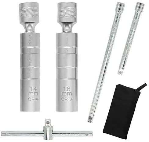 Prozwee Thin Wall Spark Plug Socket Set, 2 Pcs 12-Point Universal Joint Magnetic Spark Plug Socket (14mm & 16mm), 2Pcs 3/8 Drive Socket Extension Bars (250mm & 150mm), T-Handle Spark Plug Spanner