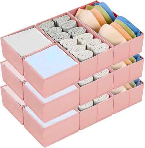 Homsorout Schubladen Organizer Kleiderschrank Organizer - 12 Stück Faltbare Unterwäsche Organizer Aufbewahrungsbox Stoff Schubladen Ordnungssystem für Hosen, Kleidung, Socken, Rosa