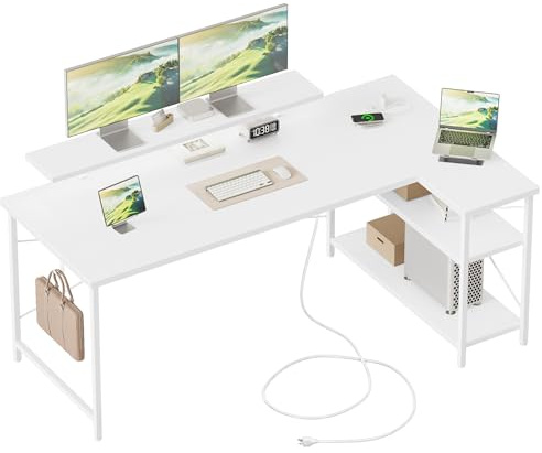 Mericonia Reversible Corner Desk, w. Led & Power Outlets, 140x70cm, White | Reversible L-shaped desk w. Monitorstand & 2 Hooks, Height-adjustable Shelf, Gaming computer desk for home & office