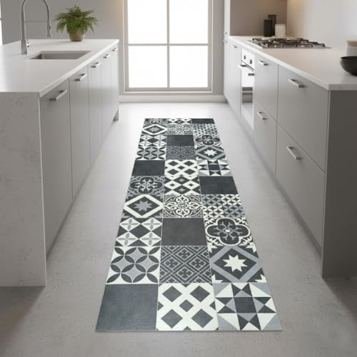 Alfombra Vinílica Antideslizante con Reverso PVC – Diseño Geométrico Blanco y Negro – Fácil de Limpiar- Cocina- Baño- (Amadora 60x120 cm)