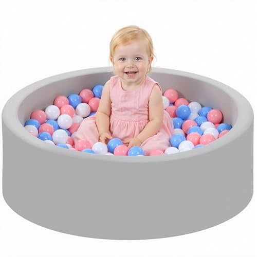 Wilwolfer Bällebad Baby, aus Schaumstoff Weich Abnehmbar und Waschbar Geeignet für Kleinkinder, 85x27cm, mit 100 Dreifarbigen Bälle für Bällebad, Ungefährlich Langlebig (Grau)