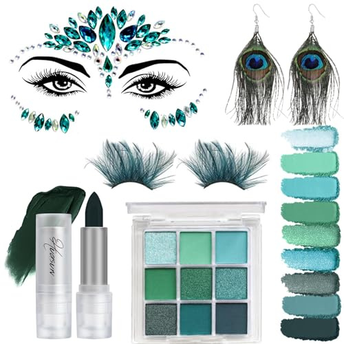 Pfau Kostüm Damen Accessoires,5er Pfau Schminke,mit Wimpern Federn,Grüner Lippenstift,Pfauenfedern Haarschmuck,9 in 1 Lidschatten,Glitzersteine Gesicht,Karneval Schminke Damen (Grün-A)