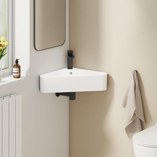 EMKE Lavabo Esquinero 56 x 34 x 13 cm, Blanco Brillante