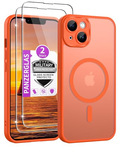 Jshru für iPhone 14 Hülle mit 2 Stück Panzerglas,Kompatibel mit Magsafe Kameraschutz Dünn Magnetisch Handyhülle Militärschutz Stoßfest Schutzhülle Matt Transluzent Case für iPhone 14,Orange