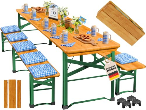 KESSER® Premium Bierzeltgarnitur 3-TLG., Festzeltgarnitur klappbar, Biertisch mit 2 Bierbänken, Gartenmöbel Set Holz, Partygarnitur, Sitzgarnitur, wetterfest, stabil, 220x50x75cm,16-TLG. Bodenschoner