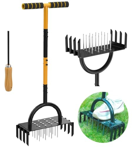 Manual Lawn Aerator, 2-in-1 Aerator with 16 Spikes& 8 Cores, 98cm Lightweight Grass Aerator Tools for Yard, Lawn Aeration, Garden Tool, Revives Lawn Health, L28xW12xH8cm Aeration Area