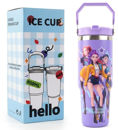 Thermosflasche Demon Thermobecher 30oz/900ml - Edelstahl Isolierbecher mit Strohhalm & Griff, Huntrs Trinkbecher Doppelwandiger Kaffeebecher, Kpop Auslaufsicherer Trinkbecher für Fans