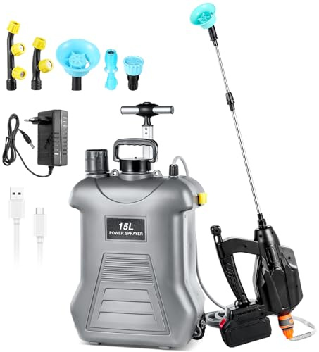 Viugreum 15L Pulverizador de Mochila con Carro, Pulverizador Eléctrico de 21V con Ruedas, 5 Boquillas de Nebulización, Lanza Telescópica y Correa Ajustable para Riego, Irrigación y Mantenimiento