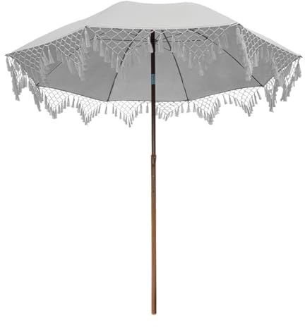 Sombrilla de Playa de 200 cm con Flecos, Sombrilla de Jardín Boho, Parasol de Exterior para Patio con Inclinación y Protección UPF 50+, para Piscina, Césped, Mercado y Mesa
