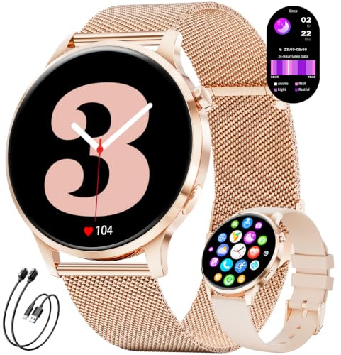 Smartwatch Damen Rund mit Telefonfunktion, 1,32'' AMOLED Fitnessuhr mit 100+ Sportmodi, Herzfrequenz/Schlafmonitor, Uhr Damen mit Whatsapp und Alexa, Elegante Armbanduhr für Samsung/iOS/Android,FV23-D