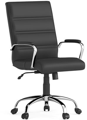 Flash Furniture Chefsessel, ergonomischer Bürostuhl, mit geformtem und höhenverstellbarem Ledersitz, Chrom-Armlehnen und feststellbarem Kipphebel, schwarz, 61 x 58 x 104 cm