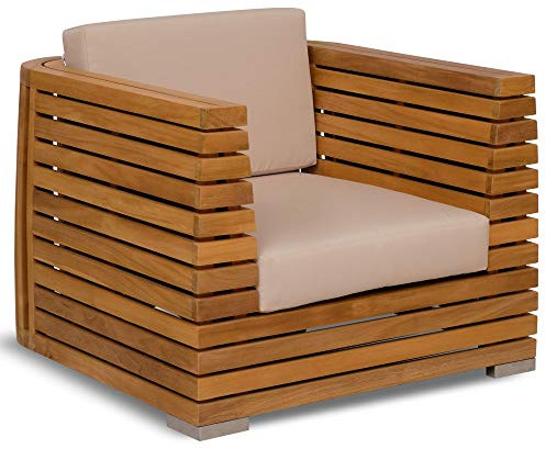 Teako Design Loungesessel Picardie aus Teak mit Armlehnen und Auflagen Wetterfest unbehandeltes Masivholz Gartensessel