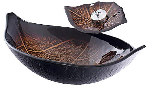 HomeLava Modern Gehärtetes Glas Waschbecken Blatt Design Aufsatz Waschschale mit Wasserfall Wasserhahn
