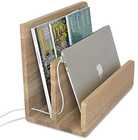 Natuhr Zeitungsständer Eiche doppelbreit Tidy Holz Zeitungshalter Ablage Ladestation für Handys, Tablets & Smartphone Wartezimmer (Eiche unbehandelt)