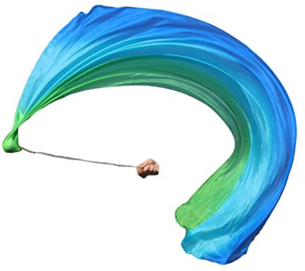 Winged Sirenny 230cm Bauchtanz Seidenschleier Poi Bälle mit Tuch, Echte Seide Jonglierset Schleier VOI, 1 Stück (grün-türkis-blau)