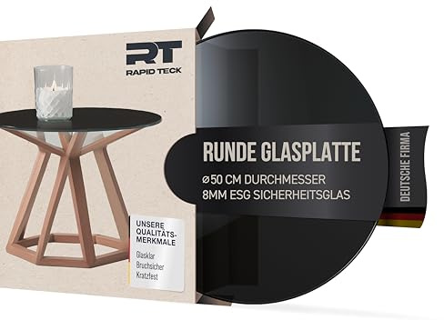 Rapid Teck Glasplatte Rund Kratzfest Ø 50 cm – Tischplatte schwarz | aus gehärtetem ESG-Sicherheitsglas 8 mm dick – Ideal für DIY-Projekte, Gartentische und als Glasplatte für Kaminofen