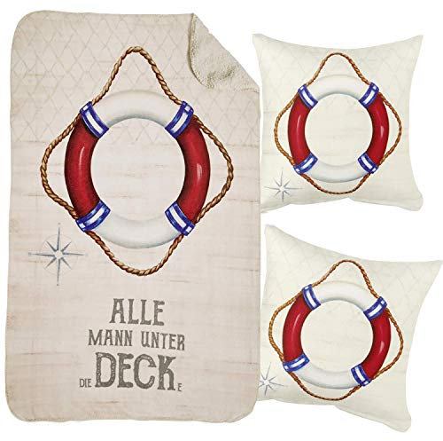 osters muschel-sammler-shop Kuscheldecke ┼ Tagesdecke ┼ Flecedecke + 2 Kissen ┼ Rettungsring Welcome on Bord - superweich und angenehm - waschbar (1 Decke + 2 Kissen)
