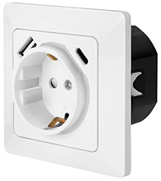 LogiLink PA0253 - Unterputz-Steckdose, Schutzkontakt (1x CEE 7/3), 1x USB-C PD (Power Delivery), 1x USB-A, Weiß