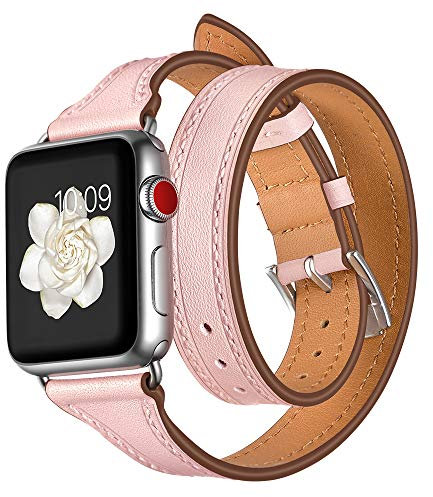 AISPORTS Compatible with Apple Watch Strap 42mm 41mm 40mm 38mm Leather, Soft Slim Double Tour Wrap Leather Sport Wristband Bracelet Replacement Strap for Apple Watch Series 10/9/8/7/6/5/4/3/2/1/SE