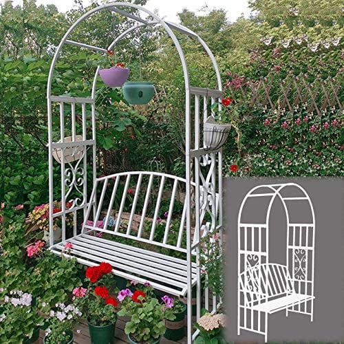 ZH-1 Sitzlaube Garten Nordisch Metall Laubenbank Gartenbank für 2 Personen, Rankhilfe Rosenbogen mit Bank für Kletterpflanzen Rosen Ranken, Schwarz Weiß