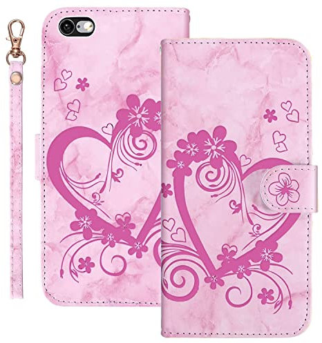 Ailisi Handyhülle für iPhone 6/iPhone 6S (4,7 Zoll), Blume Liebe Herz Muster Marmor PU Leder Klapphüllen Schutzhülle Brieftasche Handytasche Etui Magnetisch Flip Cover Case - Rosa