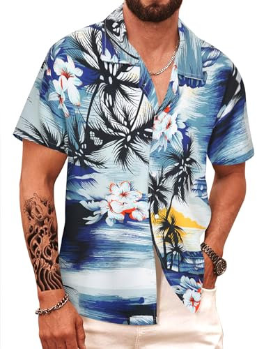 APTRO Herren Hemd Hawaiihemd Kurzarm Hemd Freizeit Urlaub Hemd Reise Shirt Sommer Hemd Palmen M066 L