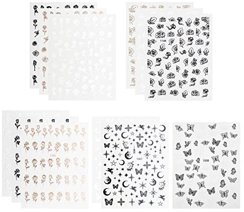 VGOL 12 Sheets Self-Adhesive Nail Art Stickers Flower Butterfly Moon Star Pattens Nail Decals Hollow Manicure DIY Nail Decoration for Acrylic Nails Black White Rose Gold
