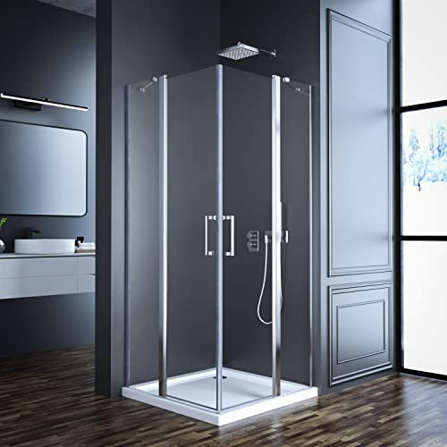 Goezes Eckeinstieg Duschkabine 90x90cm Pendeltür Duschabtrennung, Schwingtür Duschkabine aus 6mm Nano ESG Sicherheitsglas, Faltbar Duschwand Drehtür Höhe 185cm, LINKS & RECHTS MONTIERBAR