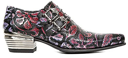 New Rock 7960-S6 Geprägte Vintage Schuhe mit Stahlabsatz in Schwarz, Rot und Lila mit Lederschnalle 45