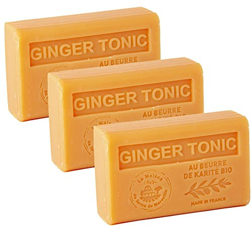 Maison Du Savon De Marseille – Französische Seife mit Bio-Sheabutter – Ingwer-Tonic-Duft – 125 g Riegel – 3 Stück