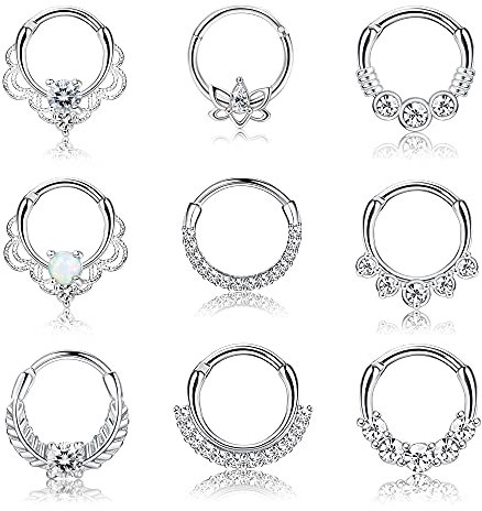 Kakonia 9stk Septum Piercing Chirurgenstahl für Damen Herren 16G CZ Nasenpiercing Ring Tragus Helix Daith Piercing Schmuck Silber Septum Clicker Ring Set 8MM