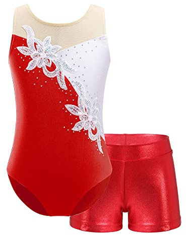 iEFiEL Mädchen Einhörner Turnanzug Glänzend Gymnastik Leotard Kinder Kleidung Set Ballett Trikot Tanz Kostüme mit Überkreuzte Träger W Rot 122-128