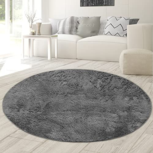 Teppich-Traum Wohn- & Esszimmerteppich | waschbar & unempfindlich | Klassischer Stil anthrazit, 117 cm rund