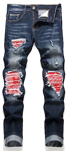 OIIIO Men's Patch Ripped Stretch Regular Fit Jean, 6633 Blue, 36