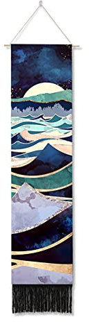 Ricemru Schmaler Wandteppich Natur Meer Meereswelle Wandbehang Meerblick Mond Sterne Nachthimmel Wandtuch Meerlandschaft Wanddeko Tapestry Wandkunst Deko