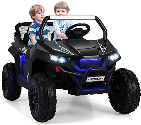 GOPLUS 12V Kinder Elektroauto, 2-Sitzer Kinderfahrzeug mit 2,4 GHz Fernbedienung, Scheinwerfer, Musik, Coolen Lichteffekten & Aufbewahrungstasche, Kinderauto mit Langsam Start für 3-8 Jahre (Schwarz)