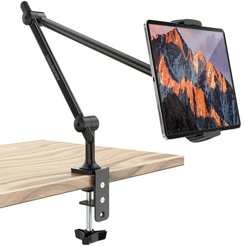 AboveTEK Premium Tablet Stand Holder, Aluminum Adjustable iPad Arm Clamp Mount for Desk & Bed with 360° Rotation, Overhead Compatible with 4.7-13.5 iPad Pro/Air/Mini, iPhone, Galaxy Tab - Black