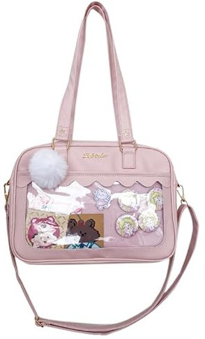 Ita Bag Crossbody Tragetasche Kawaii Niedliche Pin Display Tasche Messenger Japanisch Transparent Klar Schultertaschen, Rosa + Fellball