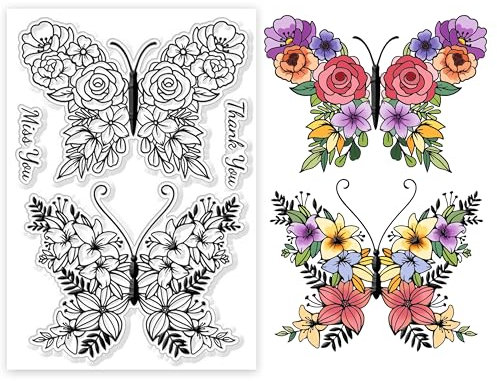 GLOBLELAND Transparente Stempel Mit Schmetterlingsblumen Schmetterlingsblume Roses Lilies Dekorative Transparente Stempel Silikonstempel Für Kartenherstellung Und Fotoalbum Dekoration