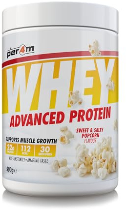 Per4m Whey Protein, Molkenprotein mit vollem Aminosäureprofil, unterstützt Muskelaufbau & Regeneration, reich an essentiellen Aminosäuren, für Sportler nach dem Training – Süß-salziges Popcorn – 900g