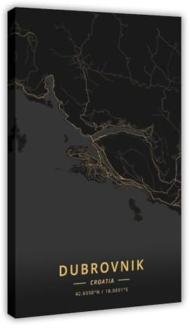 Dubrovnik Kroatien Stadtkarten-Poster auf Leinwand, Poster, Wandkunst, Dekordruck, Bild Gemälde für Wohnzimmer, Schlafzimmer, Dekoration, Rahmen, 60 x 90 cm