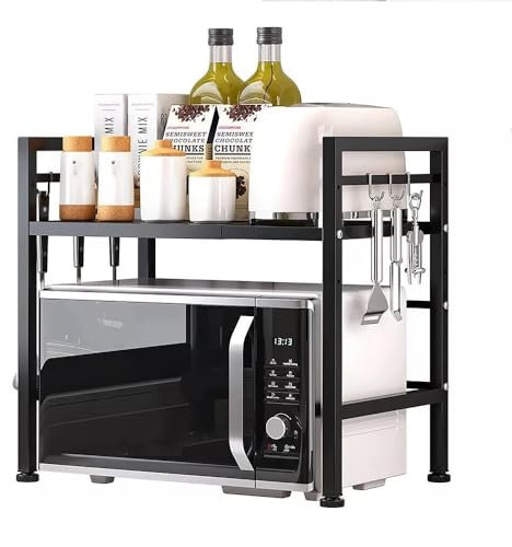 Multibao Expandable Microwave Shelf, 2 Tier Microwave Oven Rack Stand Holder Kitchen Corner Shelf Desktop Printer Shelf Rack, Bakers Rack,Air Fryer shelf Stand,Storage Solution Organiser (Black)