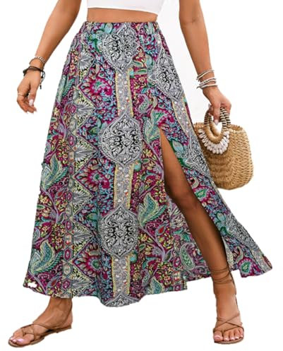 ABINGOO Donne Lunga Retro Gonna Vita Elastica Spiaggia Maxi Gonna Stampata con Spacco Gonna A-Line Boho Casual Gonna(Viola,XL)