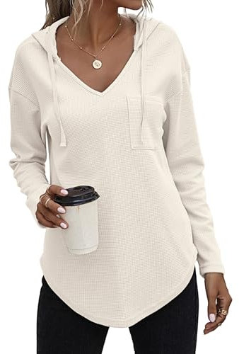 Zeagoo Ladies Waffle Hoodies Soft Jumper Long Sleeve V Neck Autumn Pullover with Pockets Beige S