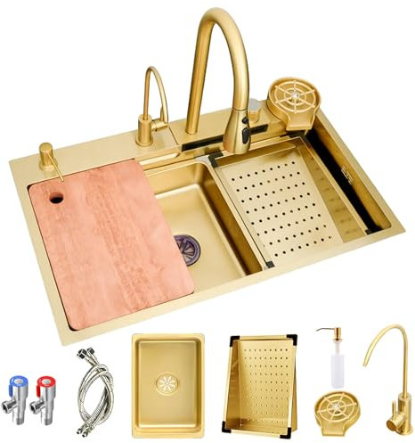 Fregadero De Cocina Dorado con Grifo De Cascada, Cesta De Drenaje, Lavavasos Y Kits De Drenaje, Fregadero De Cocina De Acero Inoxidable con Cascada, Fregadero Multifunción(75x45x22cm)